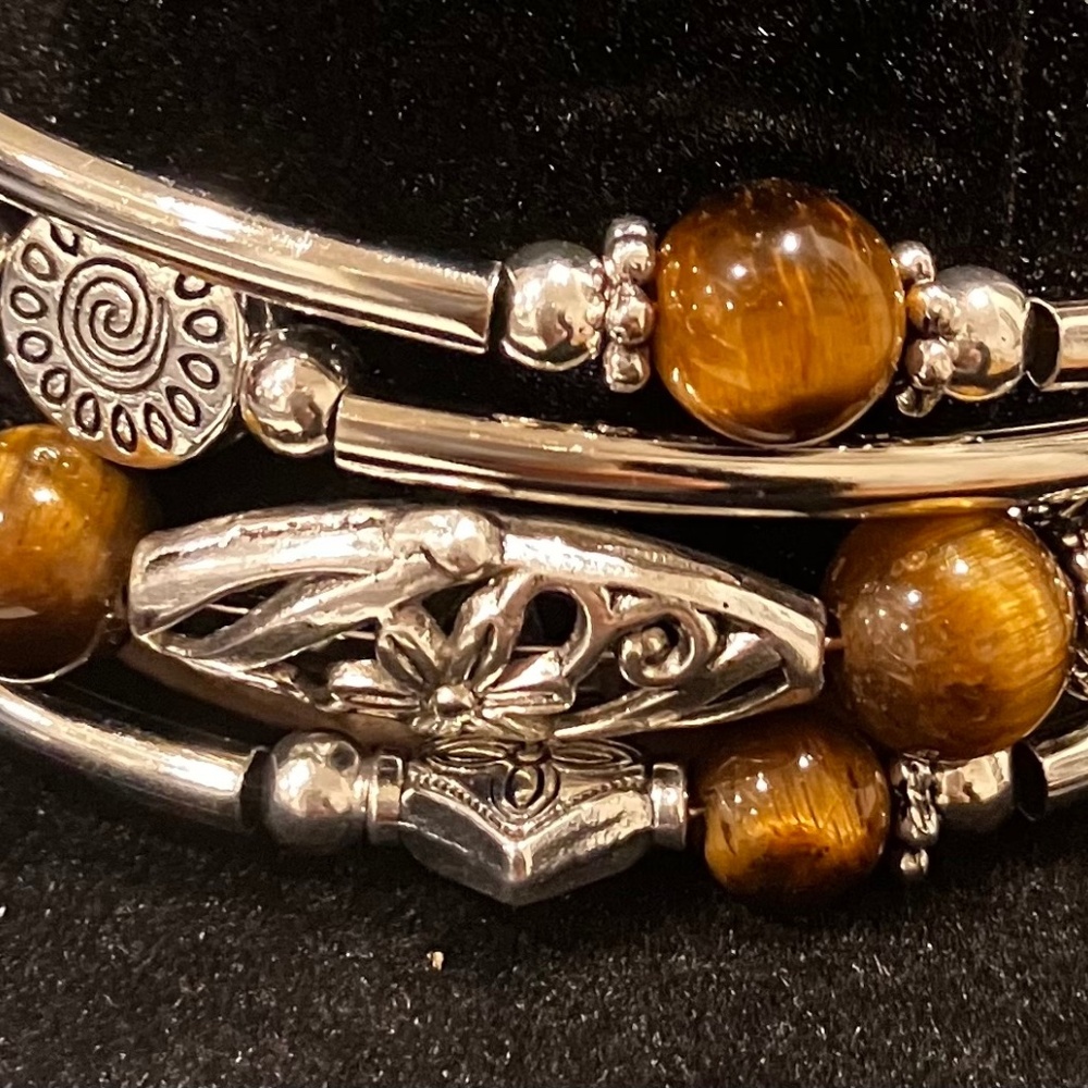 Bracelet, tiger eye  beads , silver filigree  stretchable 4 piece